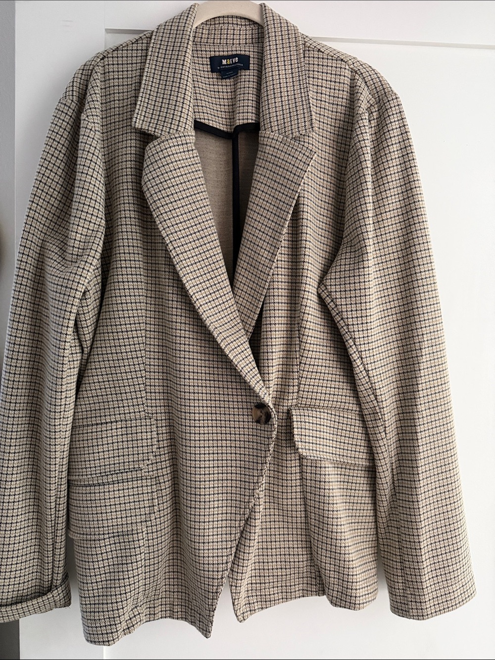 Maeve by Anthropologie Beige and Black Houndstooth Check Single-Button Blazer